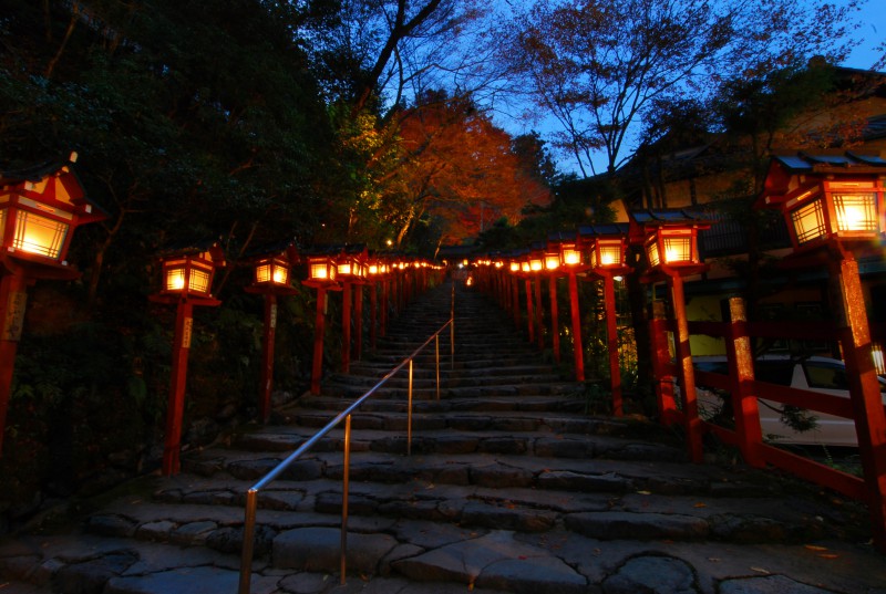 Lanterns lighting the path to Kibune Shrine, Kyoto