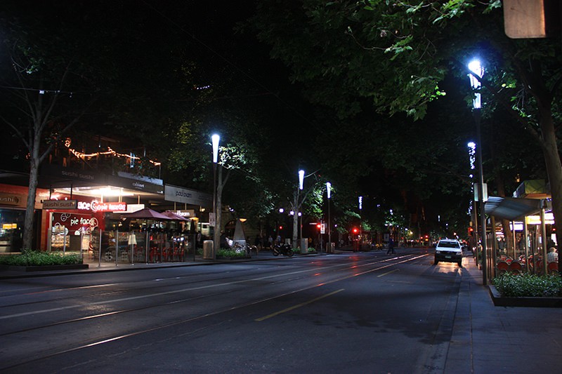 Cold colored streetlights gives calm and quiet feelings to boulevards